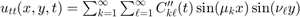 $u_{tt}(x,y,t) = \sum_{k=1}^\infty \sum_{\ell=1}^\infty C_{k\ell}''(t) \sin(\mu_k x)\sin(\nu_\ell y)$