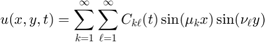 $$ u(x,y,t) = \sum_{k=1}^\infty \sum_{\ell=1}^\infty C_{k\ell}(t) \sin(\mu_k x)\sin(\nu_\ell y)$$