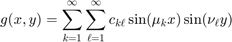 $$ g(x,y) = \sum_{k=1}^\infty \sum_{\ell=1}^\infty c_{k\ell} \sin(\mu_k x)\sin(\nu_\ell y)$$