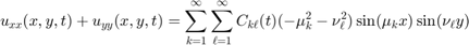 $$ u_{xx}(x,y,t) + u_{yy}(x,y,t) = \sum_{k=1}^\infty \sum_{\ell=1}^\infty C_{k\ell}(t) (-\mu_k^2-\nu_\ell^2)\sin(\mu_k x)\sin(\nu_\ell y)$$